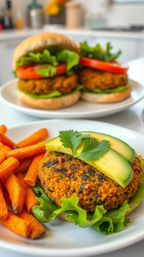 Golden lentil burgers on whole wheat buns with lettuce, tomato, and avocado, served with sweet potato fries.